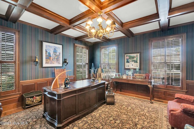 home office with coffered ceiling, wallpapered walls, a chandelier, wood finished floors, and beamed ceiling