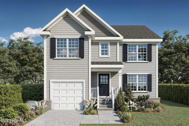 view of front of property with roof with shingles, an attached garage, concrete driveway, and a front lawn