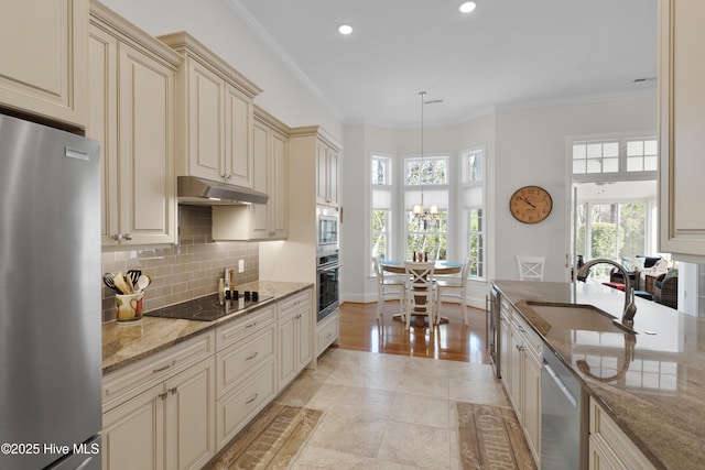 kitchen with a sink, appliances with stainless steel finishes, under cabinet range hood, cream cabinetry, and ornamental molding