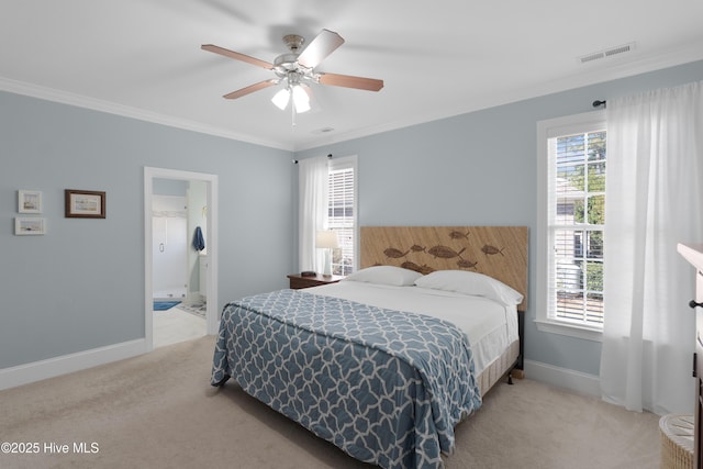 carpeted bedroom with multiple windows, visible vents, and ornamental molding