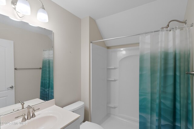 bathroom featuring toilet, vanity, and curtained shower