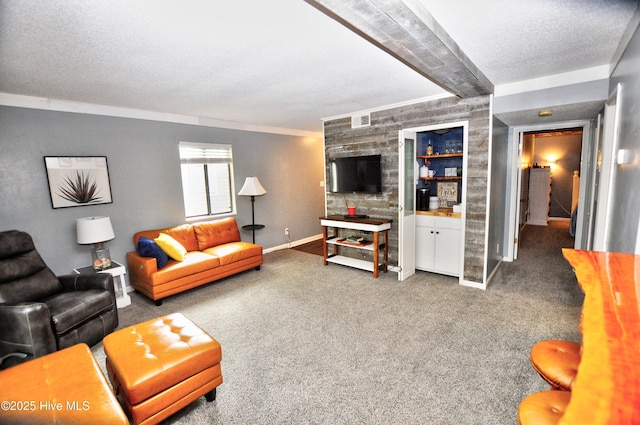 10170 Beach Dr SW Unit 305, Calabash, NC 28467 - carpeted living room with beamed ceiling, baseboards, and a textured ceiling