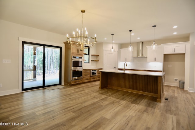 130 Gails Rd, West End, NC 27376 - kitchen featuring wall chimney range hood, double oven, open shelves, recessed lighting, and decorative backsplash