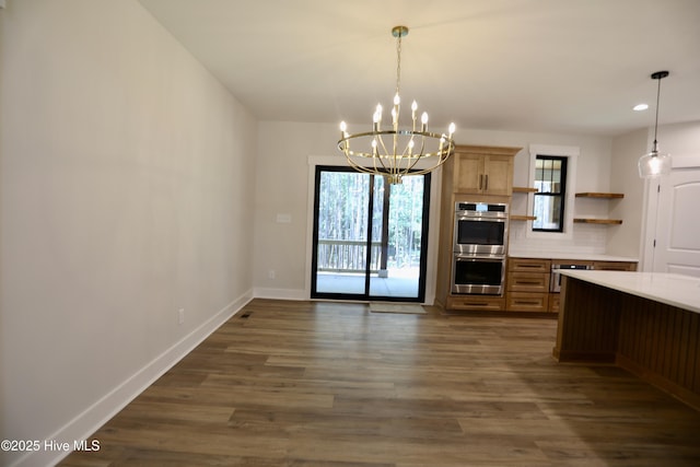 130 Gails Rd, West End, NC 27376 - kitchen featuring stainless steel double oven, plenty of natural light, a chandelier, open shelves, and recessed lighting