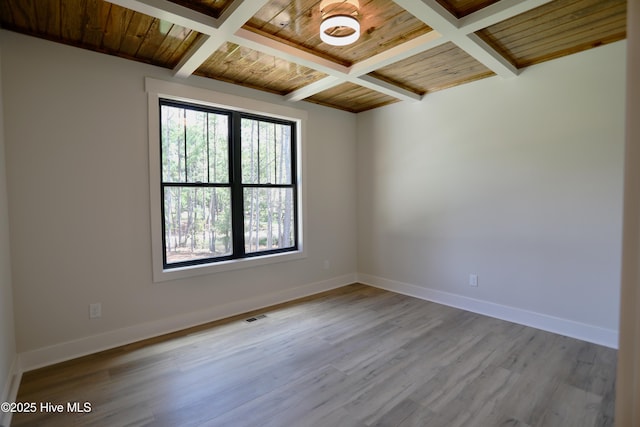 130 Gails Rd, West End, NC 27376 - unfurnished room featuring a wooden ceiling with exposed beams, coffered ceiling, and wood finished floors