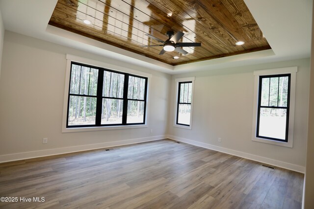 130 Gails Rd, West End, NC 27376 - unfurnished room with a raised ceiling, wooden ceiling, healthy amount of natural light, a ceiling fan, and wood finished floors