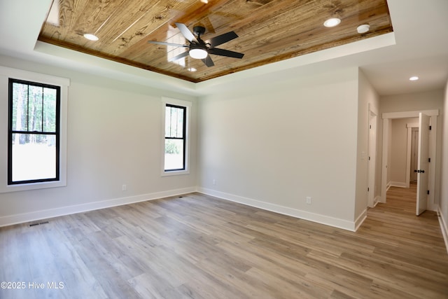 130 Gails Rd, West End, NC 27376 - spare room featuring wooden ceiling, a raised ceiling, healthy amount of natural light, light wood-style flooring, and ceiling fan