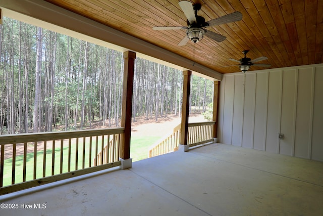 130 Gails Rd, West End, NC 27376 - view of patio / terrace featuring a ceiling fan and a forest view
