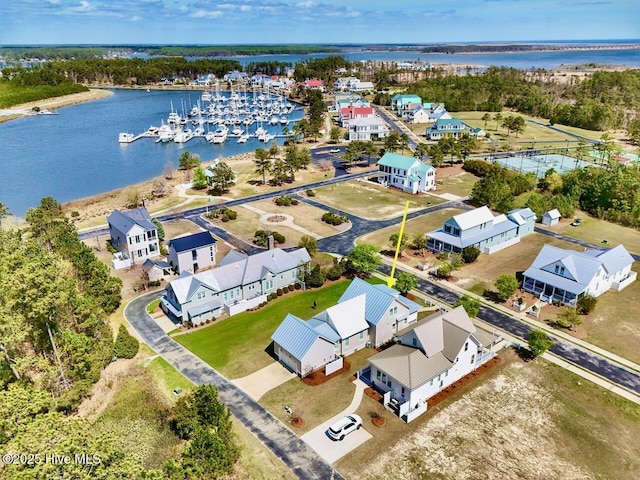 drone / aerial view featuring a water view
