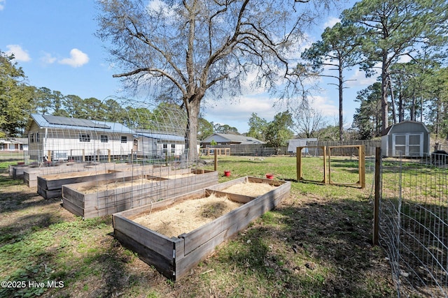 view of yard featuring a garden, an outbuilding, fence, and a shed
