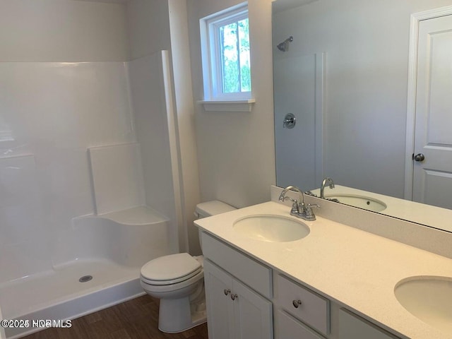 full bathroom with toilet, a sink, double vanity, and walk in shower