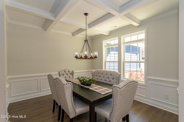 dining room featuring coffered ceiling, dark wood-style floors, beam ceiling, and an inviting chandelier