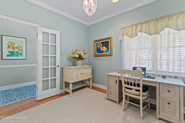 4106 Kittiwake Ct, Southport, NC 28461 - office with light wood-type flooring, crown molding, and baseboards