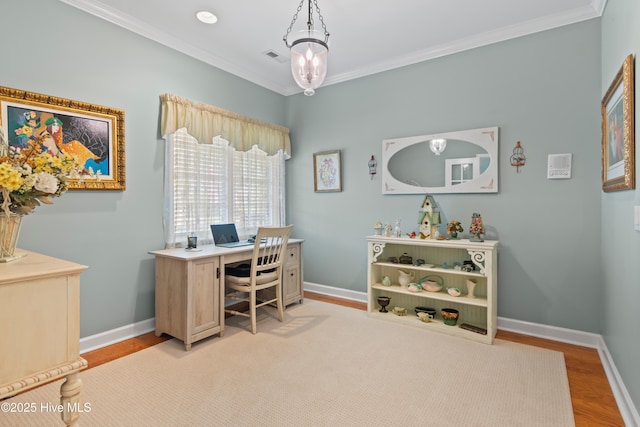 4106 Kittiwake Ct, Southport, NC 28461 - office featuring ornamental molding, baseboards, and light wood finished floors