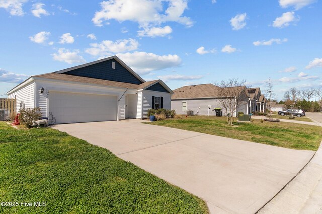 ranch-style home featuring a front yard, an attached garage, central AC, and driveway