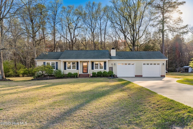 single story home with a front yard, driveway, a garage, and a chimney