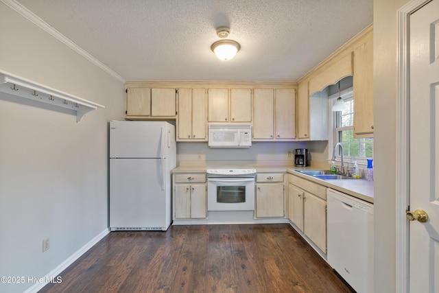 kitchen featuring light countertops, a sink, light brown cabinets, and white appliances