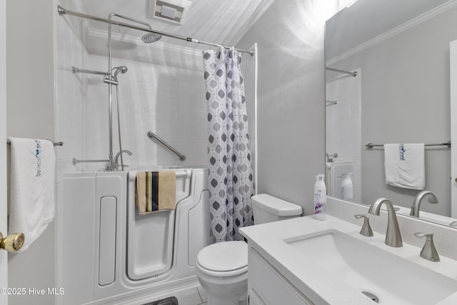 full bathroom with crown molding, toilet, vanity, a shower with curtain, and visible vents