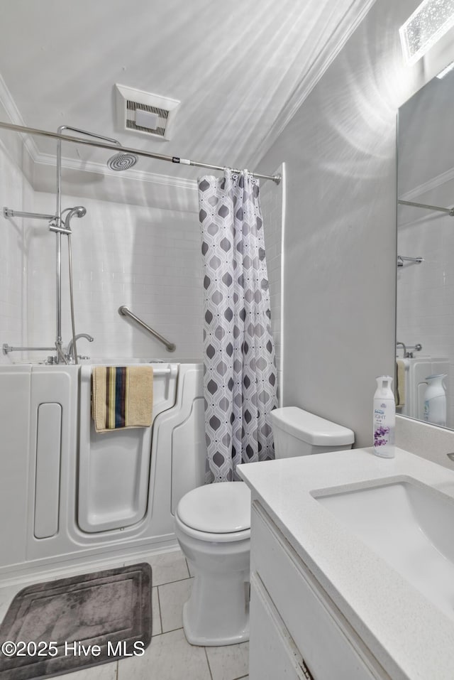 full bath featuring a shower with curtain, tile patterned flooring, vanity, toilet, and visible vents