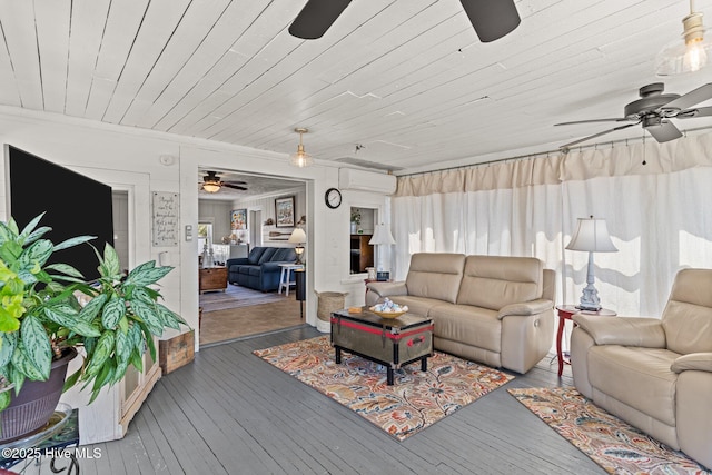 3582 Norman Dr SW, Supply, NC 28462 - living room with a ceiling fan, a wall mounted air conditioner, wood-type flooring, wooden ceiling, and plenty of natural light