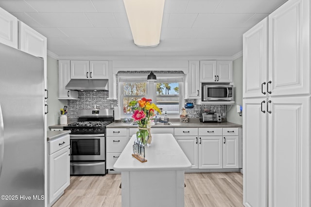 3582 Norman Dr SW, Supply, NC 28462 - kitchen with stainless steel appliances, under cabinet range hood, white cabinets, and light wood-type flooring