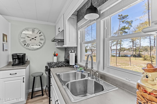 3582 Norman Dr SW, Supply, NC 28462 - kitchen featuring stainless steel gas range, a sink, under cabinet range hood, white cabinets, and ornamental molding