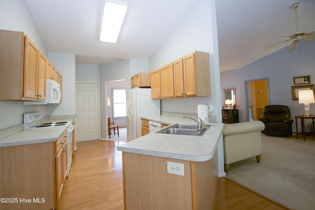 kitchen featuring white appliances, a peninsula, light countertops, a sink, and open floor plan