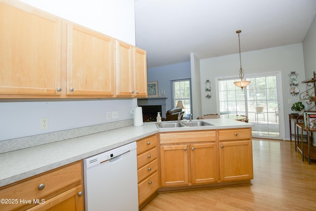 kitchen with plenty of natural light, white dishwasher, a sink, light wood-type flooring, and a peninsula