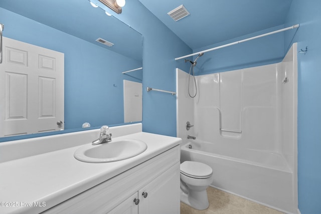 bathroom with vanity, washtub / shower combination, toilet, and visible vents