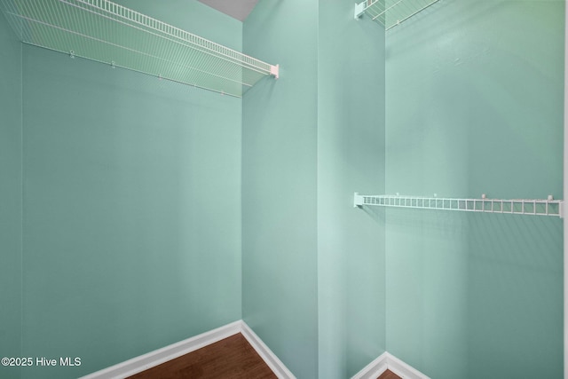 walk in closet with dark wood-style floors