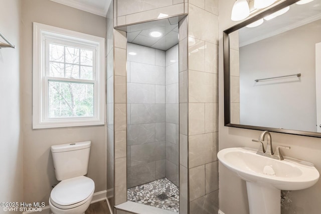 208 Elm St, Whiteville, NC 28472 - bathroom with a sink, toilet, tiled shower, and crown molding