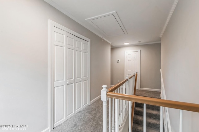 208 Elm St, Whiteville, NC 28472 - hall featuring baseboards, carpet flooring, an upstairs landing, and attic access