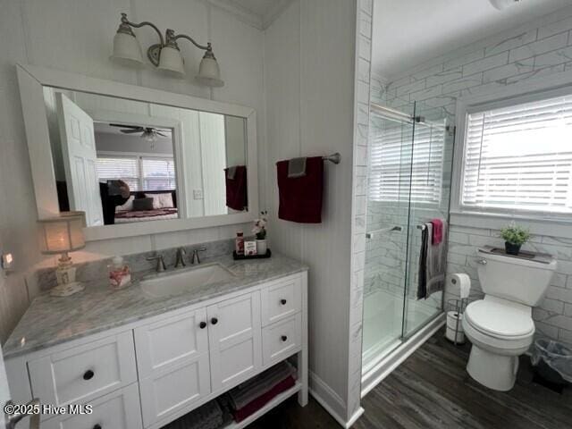 bathroom with toilet, a shower stall, and plenty of natural light