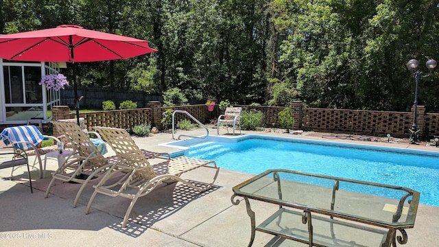 view of swimming pool featuring a fenced in pool, fence, and a patio