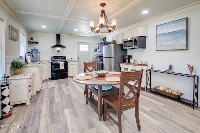 dining room featuring recessed lighting, an inviting chandelier, ornamental molding, wood ceiling, and light wood-style flooring