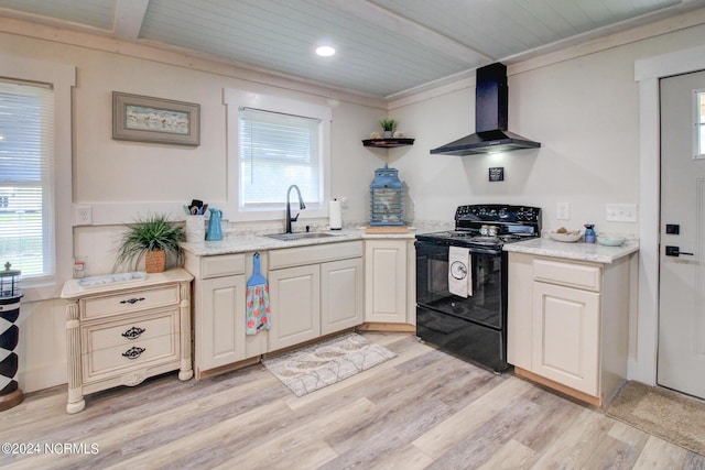 kitchen with wall chimney range hood, a sink, light wood-style floors, wood ceiling, and black range with electric cooktop