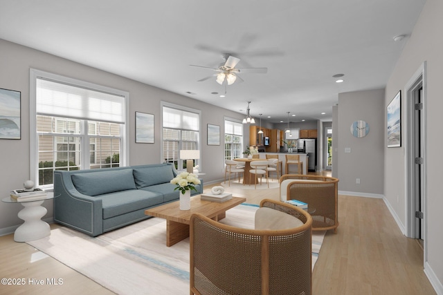 512 Village Green Dr Unit A, Morehead City, NC 28557 - living area featuring a ceiling fan, light wood-style floors, baseboards, and recessed lighting