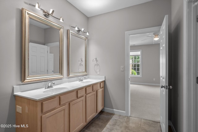 512 Village Green Dr Unit A, Morehead City, NC 28557 - bathroom featuring double vanity, tile patterned floors, a ceiling fan, and baseboards