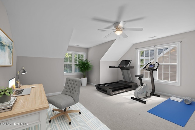 512 Village Green Dr Unit A, Morehead City, NC 28557 - exercise area featuring carpet floors, baseboards, ceiling fan, and vaulted ceiling