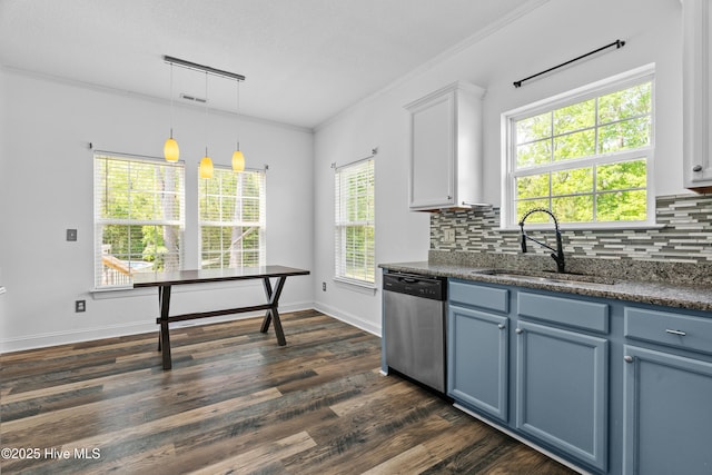 141 Trevor Way, Moyock, NC 27958 - kitchen with a sink, blue cabinets, dishwasher, dark wood-style flooring, and backsplash