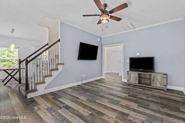 141 Trevor Way, Moyock, NC 27958 - unfurnished living room with ceiling fan, baseboards, visible vents, and wood finished floors