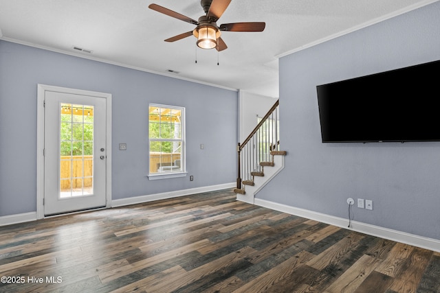 141 Trevor Way, Moyock, NC 27958 - interior space featuring ornamental molding, ceiling fan, visible vents, wood finished floors, and stairway