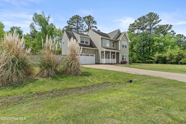 141 Trevor Way, Moyock, NC 27958 - craftsman house featuring a porch, concrete driveway, an attached garage, and a front lawn