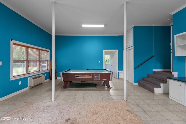 rec room featuring a wall mounted AC, crown molding, pool table, baseboards, and tile patterned floors