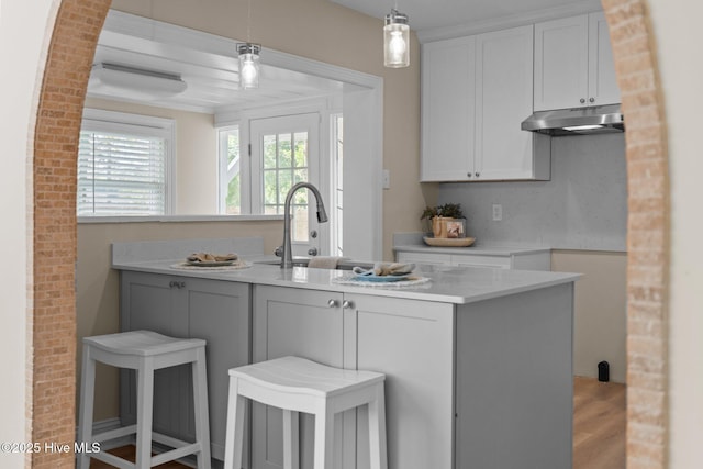 502 Thomas Ave, Wilmington, NC 28405 - kitchen with white cabinets, decorative light fixtures, light countertops, under cabinet range hood, and light wood finished floors