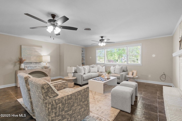 502 Thomas Ave, Wilmington, NC 28405 - living room featuring a fireplace, visible vents, and ornamental molding