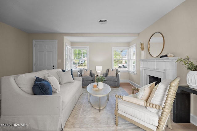 502 Thomas Ave, Wilmington, NC 28405 - living area featuring visible vents, baseboards, wood finished floors, and a fireplace