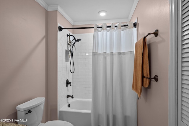 bathroom featuring shower / tub combo, toilet, and ornamental molding
