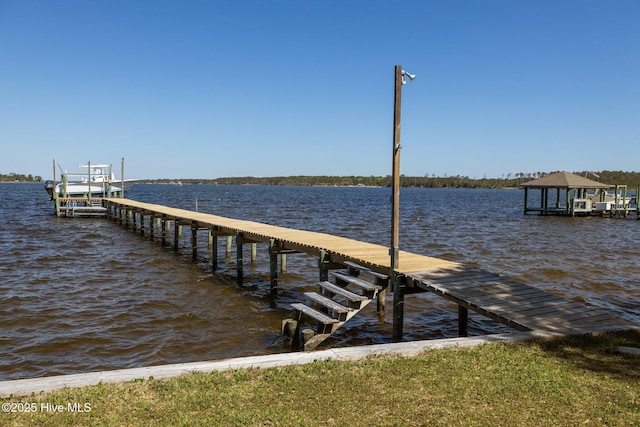 view of dock with a water view and boat lift