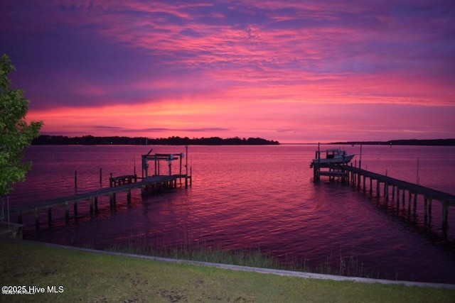 dock area featuring boat lift and a water view